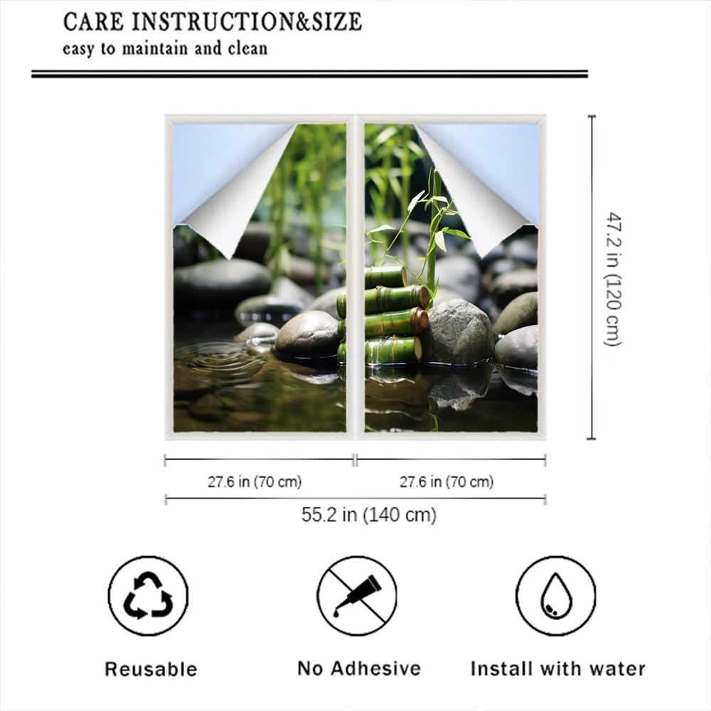 Película de privacidad de bambú para ventana de agua clara, piedra botánica bodegón, estilo moderno, vitrales, sin pegamento, película estática para