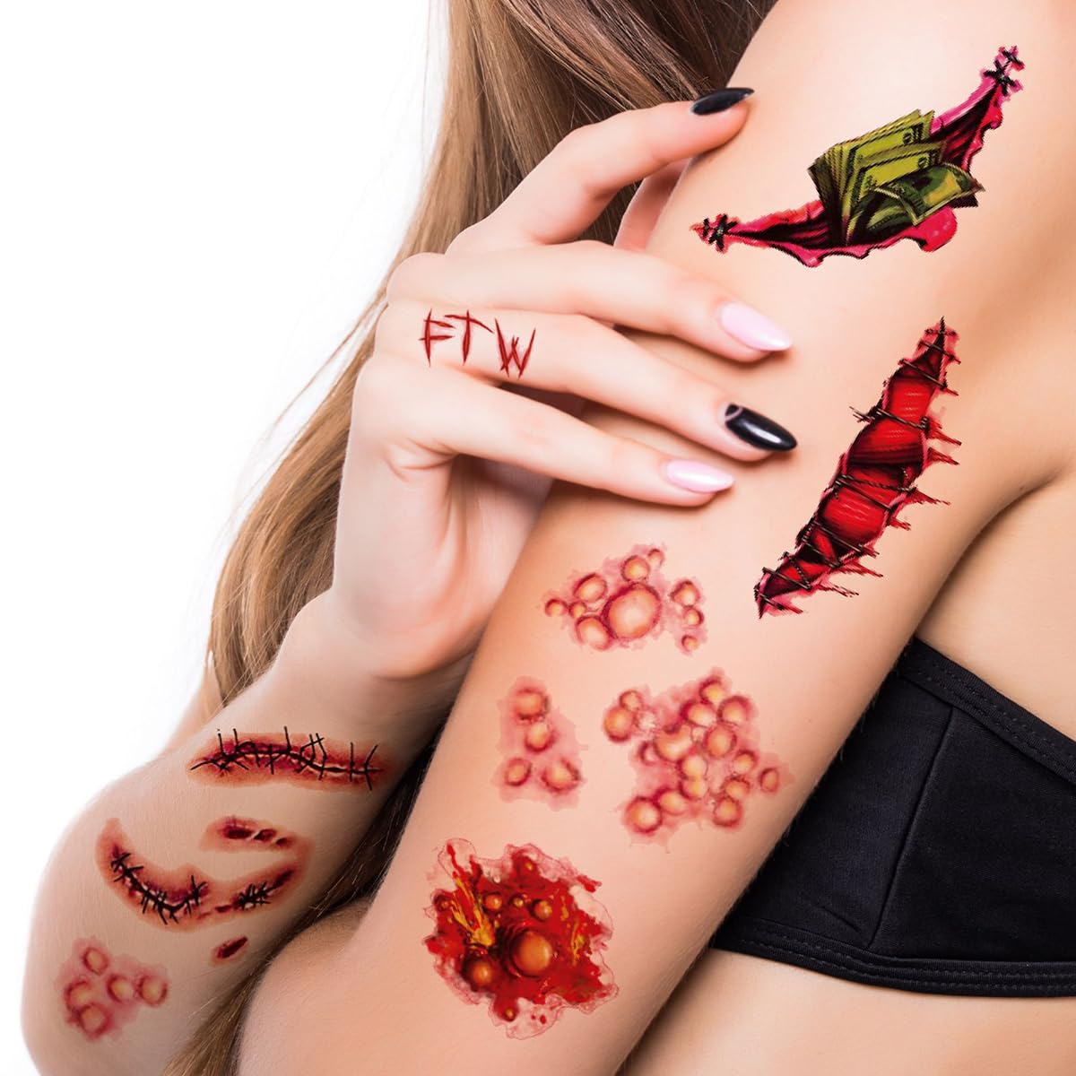 40 calcomanías de tatuaje de Halloween para heridas sangrientas, cicatriz, costra de cara, tatuajes falsos para niños, mujeres, hombres, zombies,