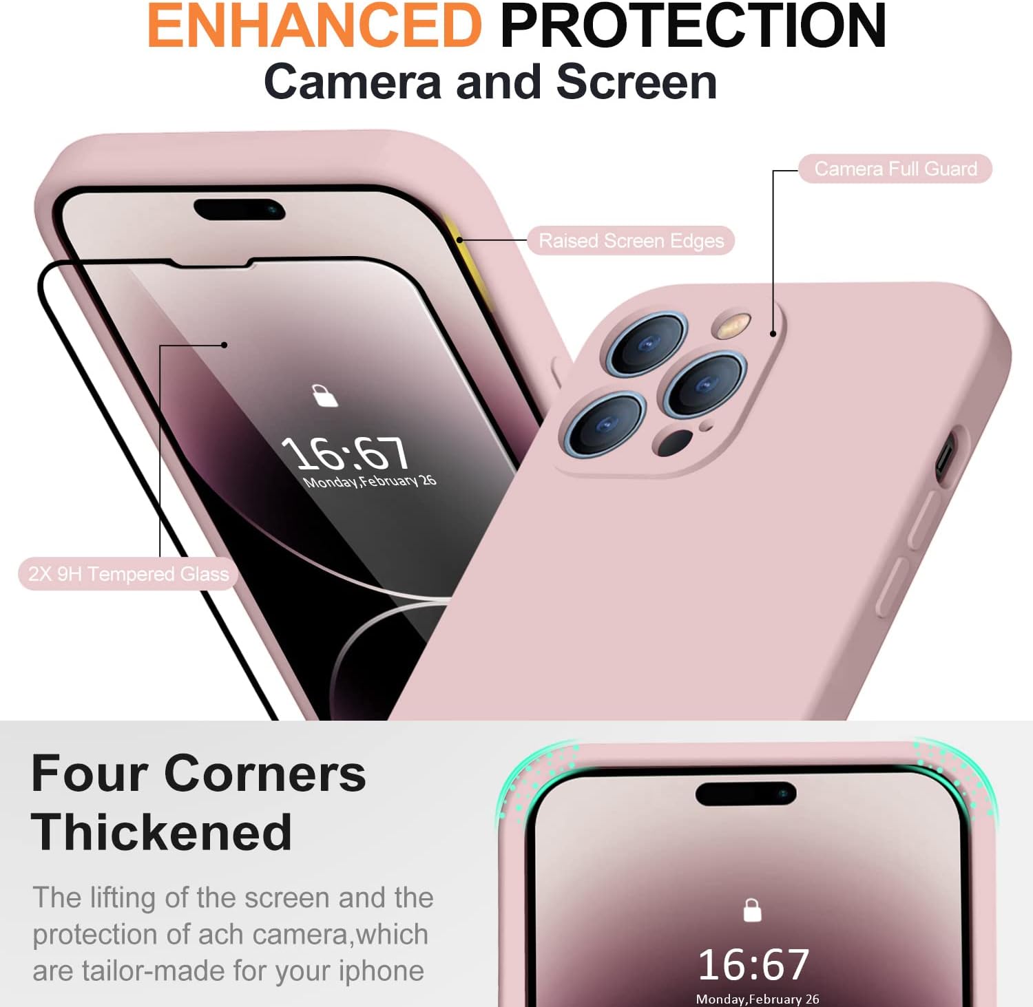 Funda compatible con iPhone 14 Pro para mujer, con 2 protectores de pantalla de vidrio templado 9H, protección de cámara forro de microfibra Funda