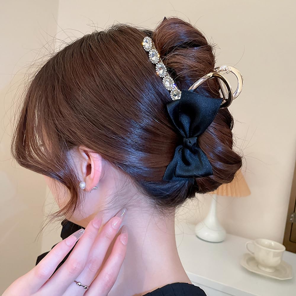 Wiwpar Pinzas de garra de lazo negro con diamantes de imitación de cristal para cola de caballo gruesa, pasador de pelo de sujeción fuerte, pinzas
