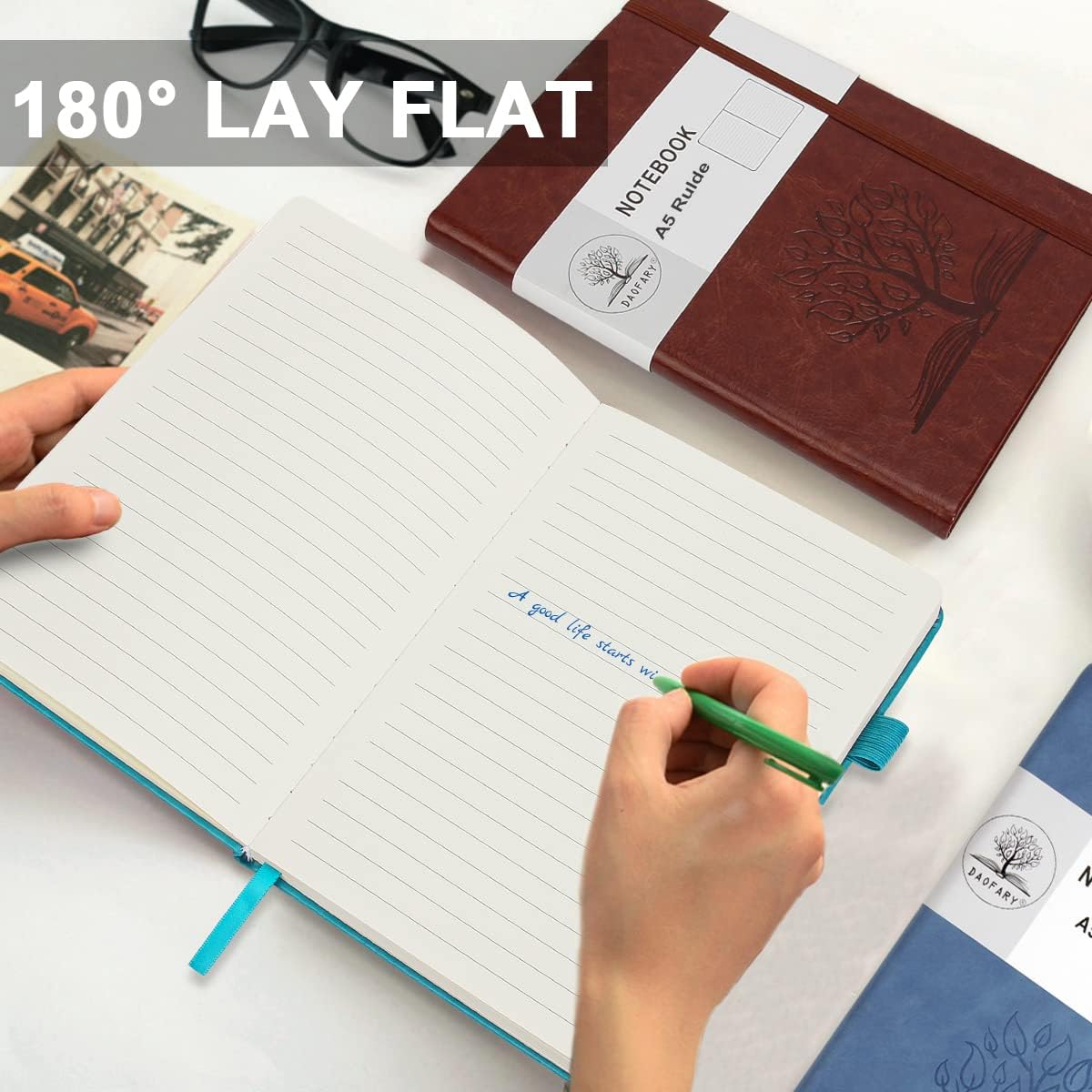 Cuaderno A5 con rayas de cuero, 160 páginas, diario de 3.53 ozm, de papel grueso, tapa dura, con bolsillo, para trabajo, hombres y mujeres, 8.4 x
