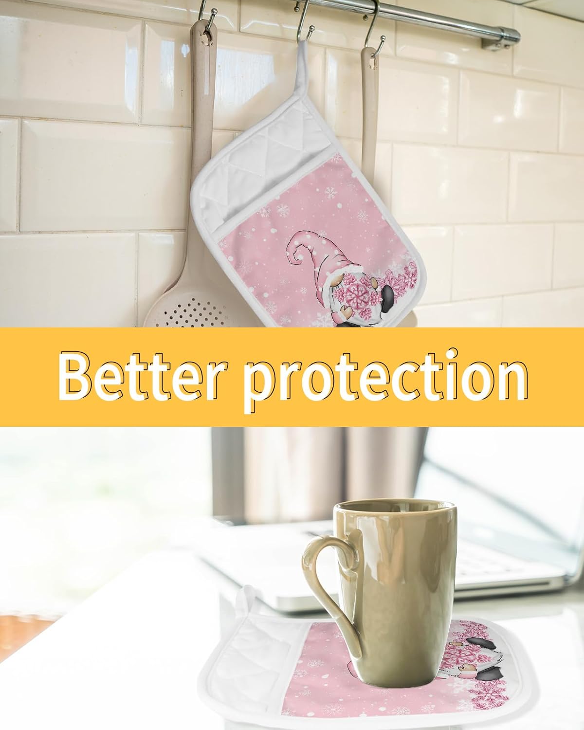 Christmas 5Pcs Pot Holders for Kitchen, Non Slip & Heat Insulation Terry Cloth Potholder Set with Pocket, Thick Hot Pad Oven Mitts Trivet Coaster
