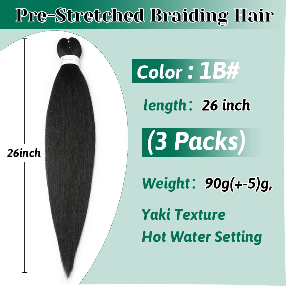 Extensiones de cabello trenzado preestirado de 26 pulgadas, extensiones de cabello sintético preestirado con ajuste de agua caliente (26 pulgadas, 3