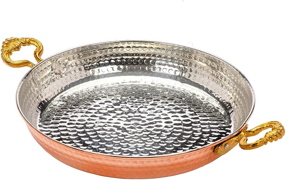 LEVKO Sartén tradicional de cobre auténticas hechas a mano para cocinar, sartén para tortilla de huevo de cobre con asas metálicas ergonómicas,