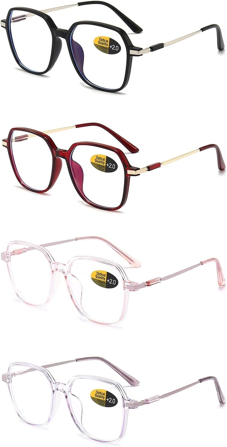 4 Pack oversized Reading Glasses Blue Light Blocking for Women Men Computer Readers Fashion Eyeglasses