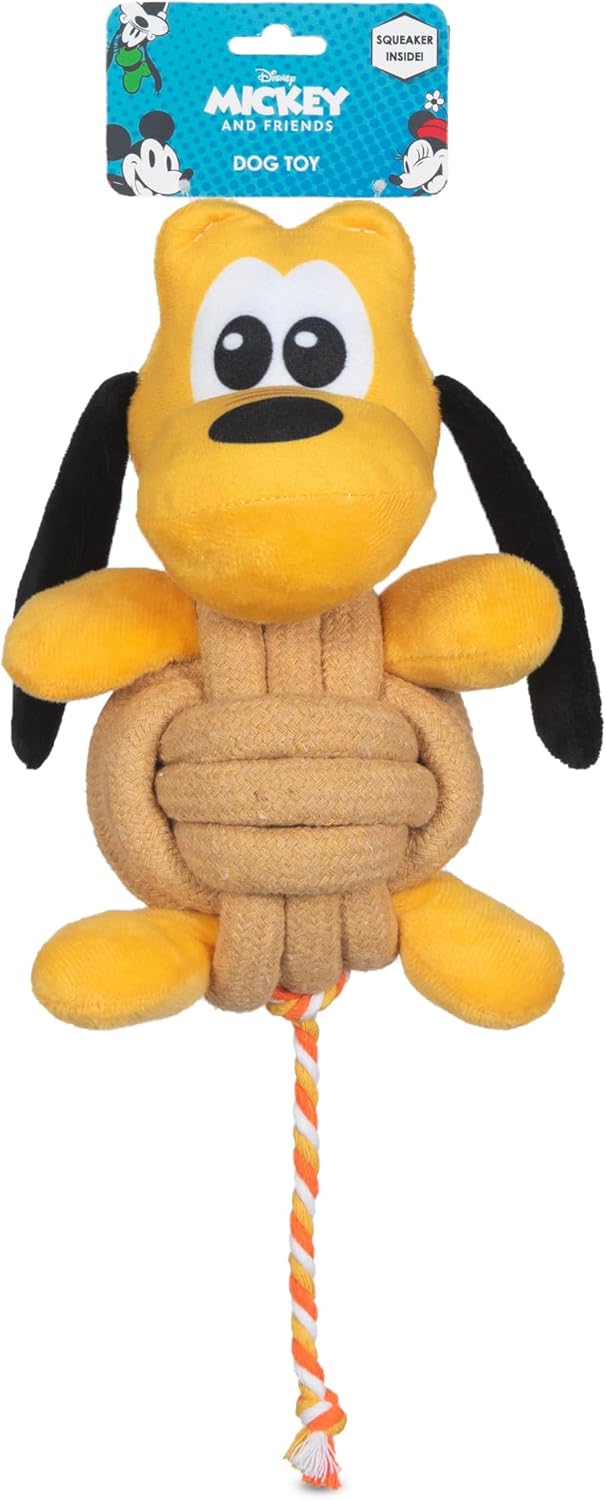 Disney for Pets Pluto – Juguete para mascotas de cuerda anudada con chirriador, 9 pulgadas, juguetes chirriantes para perros  Juguete de cuerda para