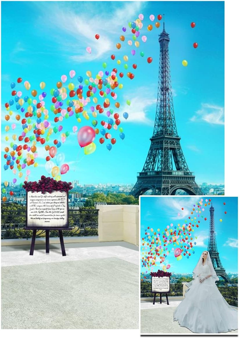 AOFOTO Fondo de torre Eiffel de 4 x 6 pies, paisaje de París, Francia, ciudad, arquitectura, balcón, globos coloridos, caballete, fotografía, fondo,