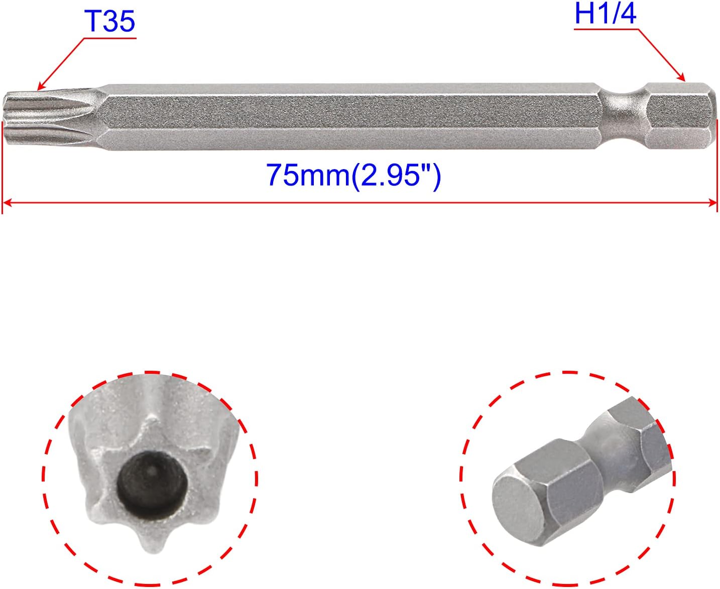 Aopin T35 con agujero, destornillador de cabeza Torx a prueba de manipulaciones, mango hexagonal de 14 de pulgada, acero S2 magnético, 2.953 in (3