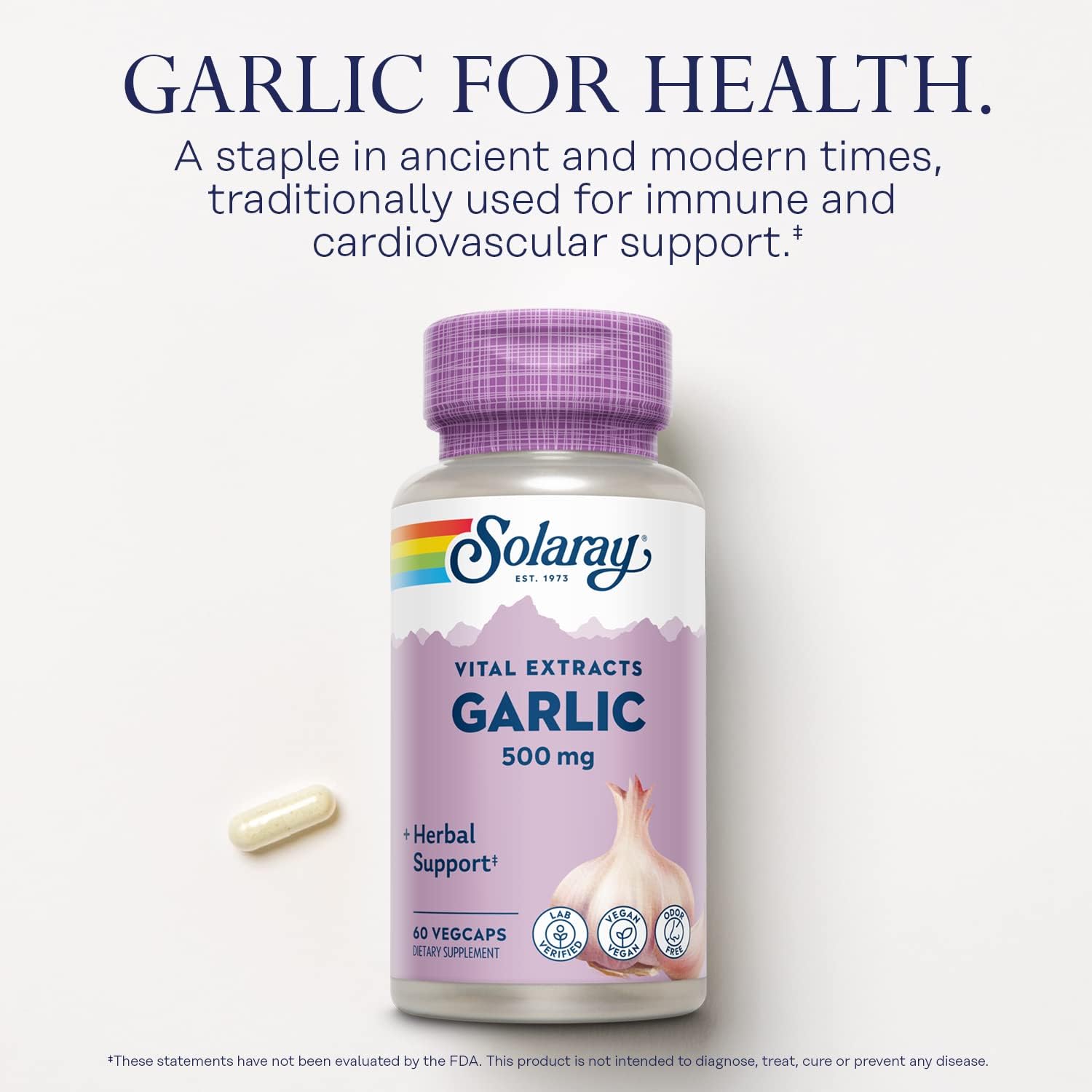 SOLARAY Suplemento de ajo de 500 mg, vegano, extracto de ajo inodoro, utilizado tradicionalmente para la salud del corazón y el apoyo inmunológico,