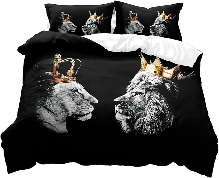 VIVIHOME – Juego de ropa de cama de 3 piezas, tamaño King y Queen León africano, funda de edredón, funda de edredón, decoración moderna de