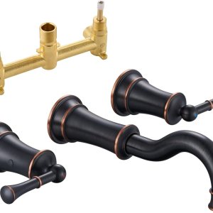 Grifo de fregadero de baño de montaje en pared, 3 agujeros, ORB, 2 manijas de palanca, 8 pulgadas, grifo de lavabo generalizado, caño giratorio de Grifo de fregadero de baño de montaje en pared, 3 agujeros, ORB, 2 manijas de palanca, 8 pulgadas, grifo de lavabo generalizado, caño giratorio de