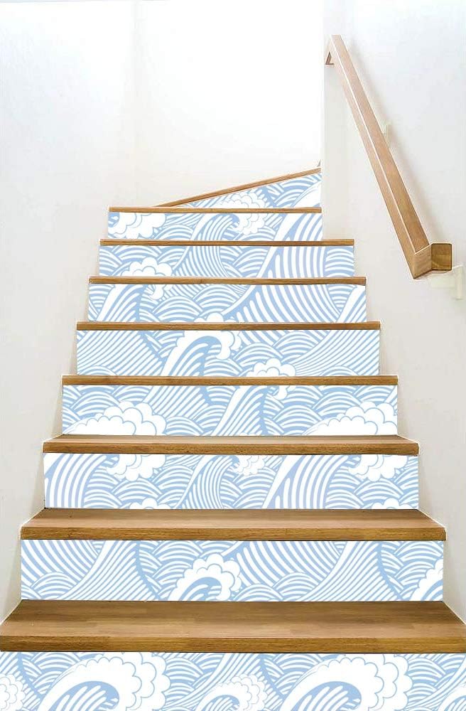 Blooming Wall CPS030 – Papel pintado a mano sin costuras de olas blancas azules y blancas, papel tapiz autoadhesivo prepegado (17.7 x 118 pulgadas)