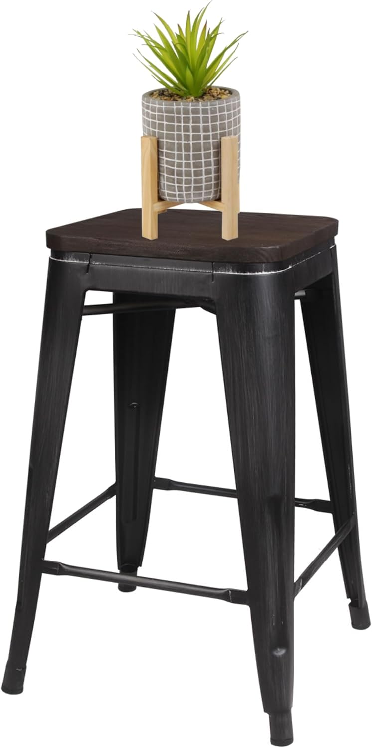 Taburete de metal negro antiguo de 24 pulgadas con asiento de madera (juego de 2) color dorado al azar, capacidad de peso de más de 300 libras,