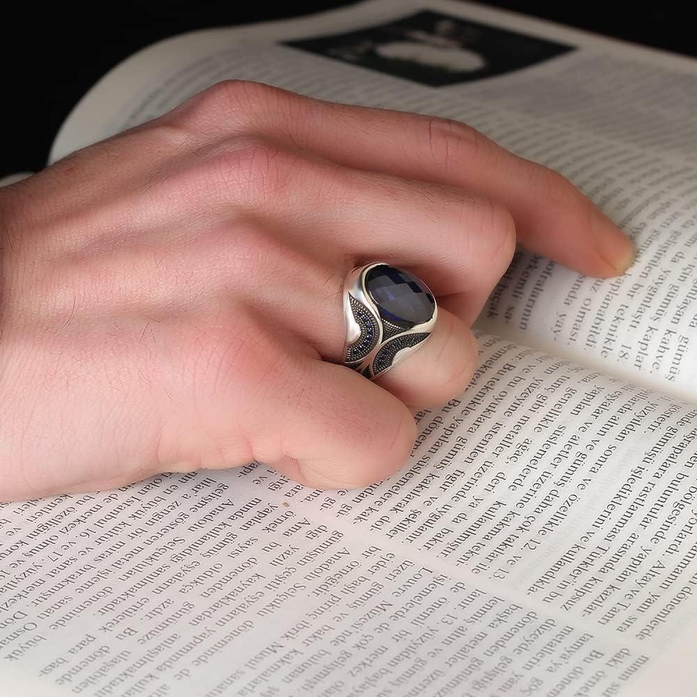 925 Sterling Silver Men Silver Ring with Sapphire GemStone, Handmade Engraved Silver Ring, Gift for him, Minimalist Silver Ring (10)