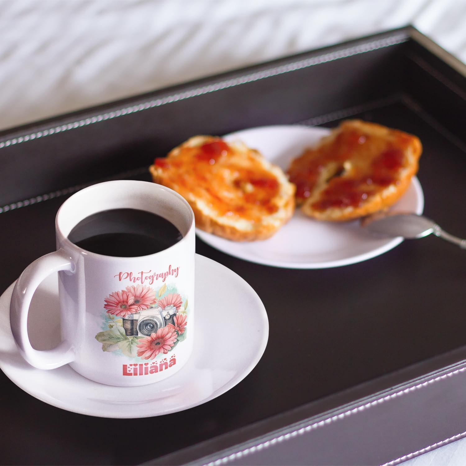 Taza de café personalizada para fotógrafo, cámara con flores de gerbera, taza de té personalizada con nombre, regalo para amantes de la fotografía,