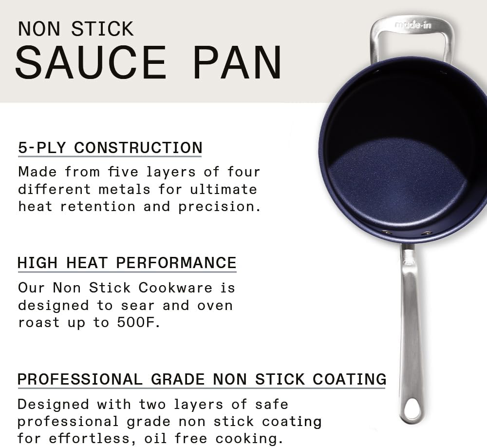 Made In Utensilios de cocina – Sartén antiadherente de 4 cuartos de galón – Azul puerto – Cacerola antiadherente revestida de acero inoxidable de 5