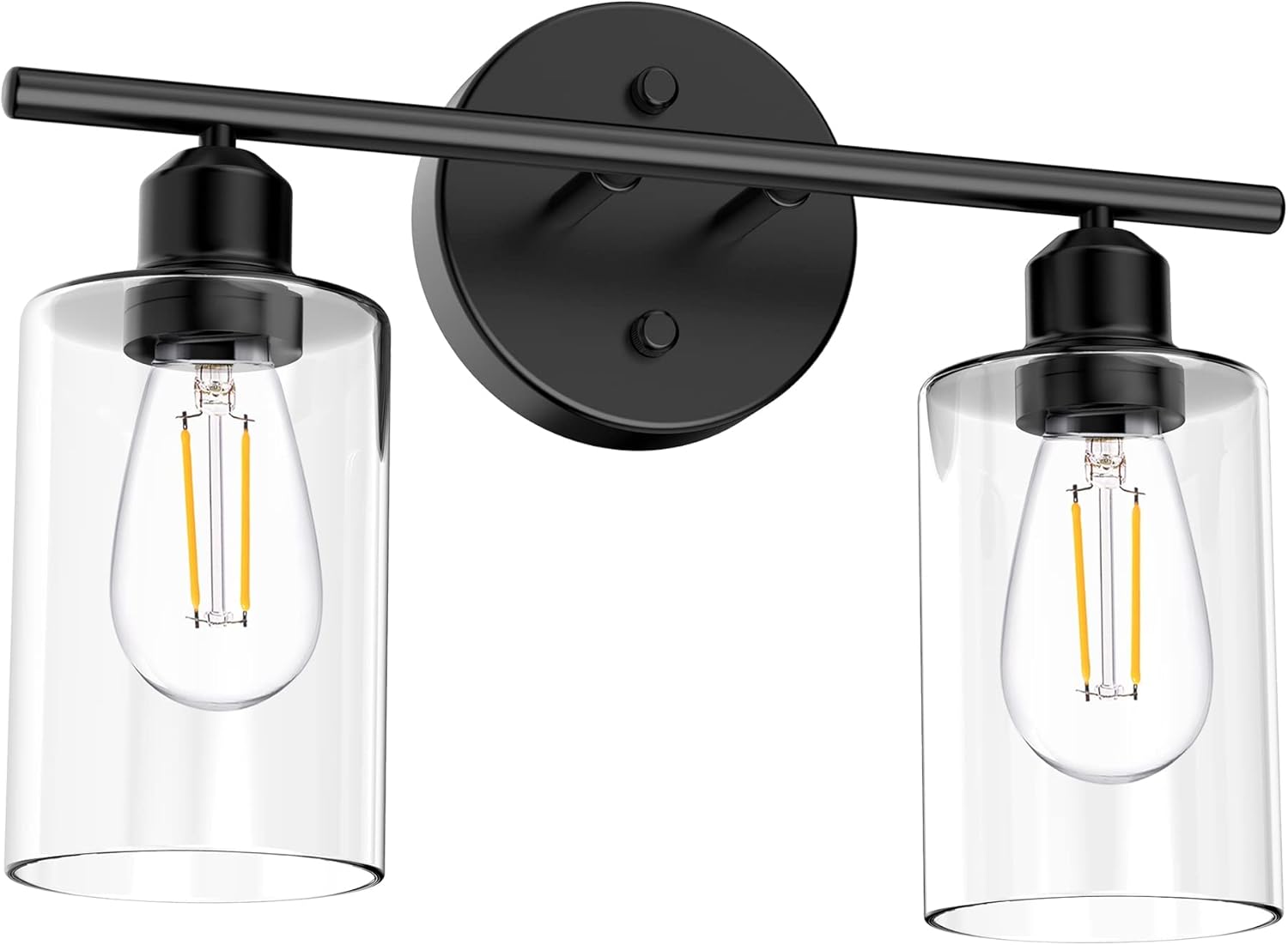 Lámparas de baño, 2 luces de tocador de baño, apliques de pared negros con pantalla de vidrio transparente, luces de pared de baño para espejo,