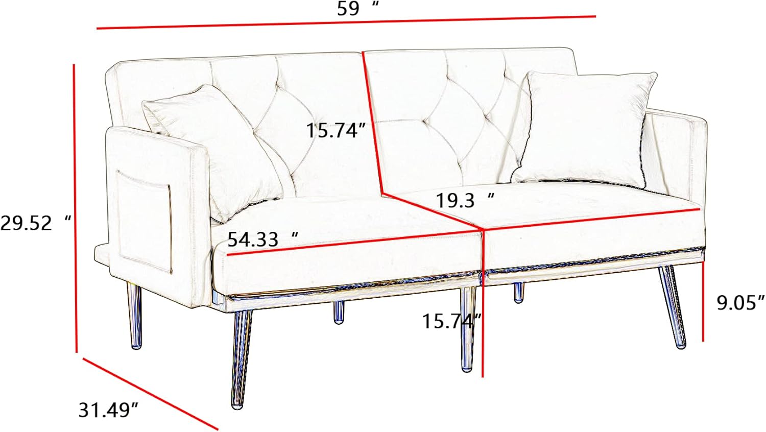Sofá cama, sofás cama y sofás  Sofá reclinable convertible de 59 pulgadas, moderno, ajustable, de terciopelo, futón, sofás, cama para sala de estar,