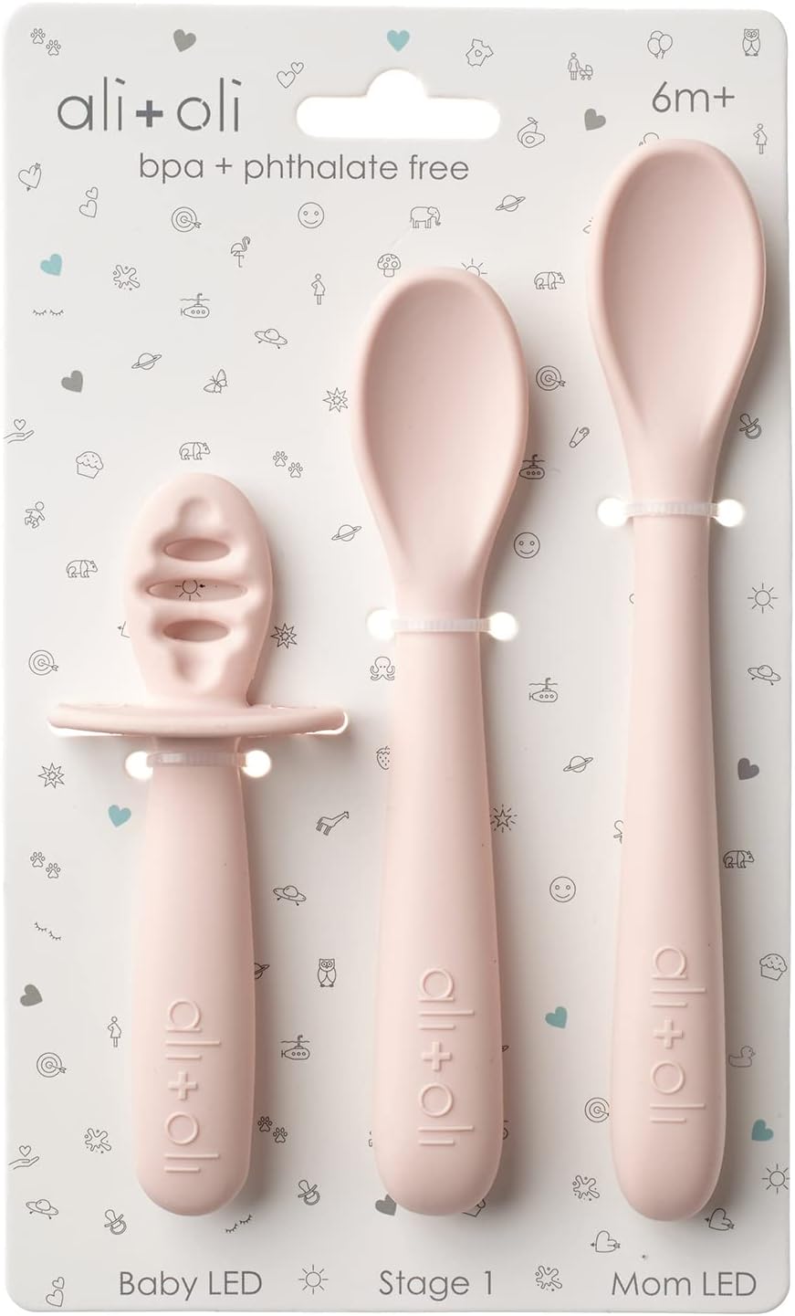 Ali+Oli (3 piezas) Juego de cucharas de silicona para bebé (rubor) Cuchara de silicona irrompible para bebé, cucharas para bebés de 6 meses en
