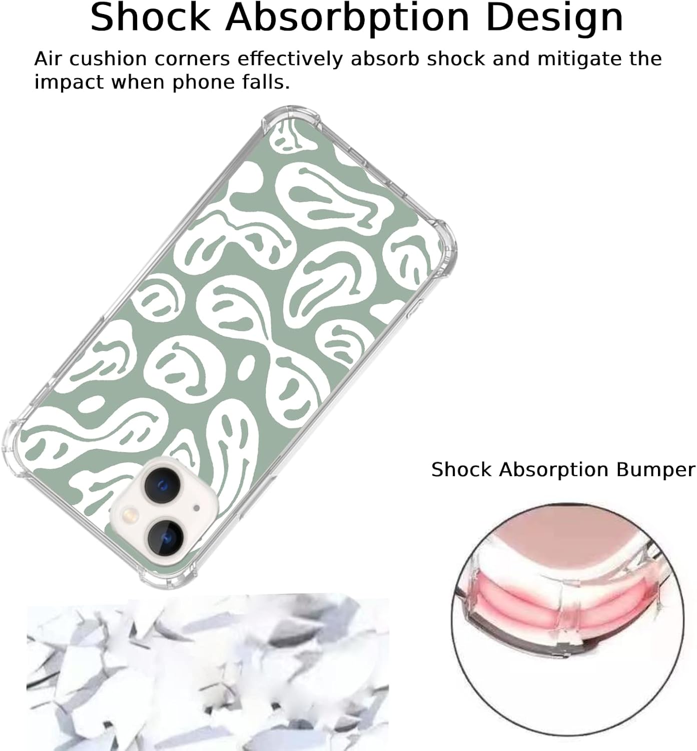 Funda estética verde salvia con sonrisa trippy compatible con iPhone 15, bonita funda de TPU para iPhone 15 para adolescentes, mujeres y hombres,