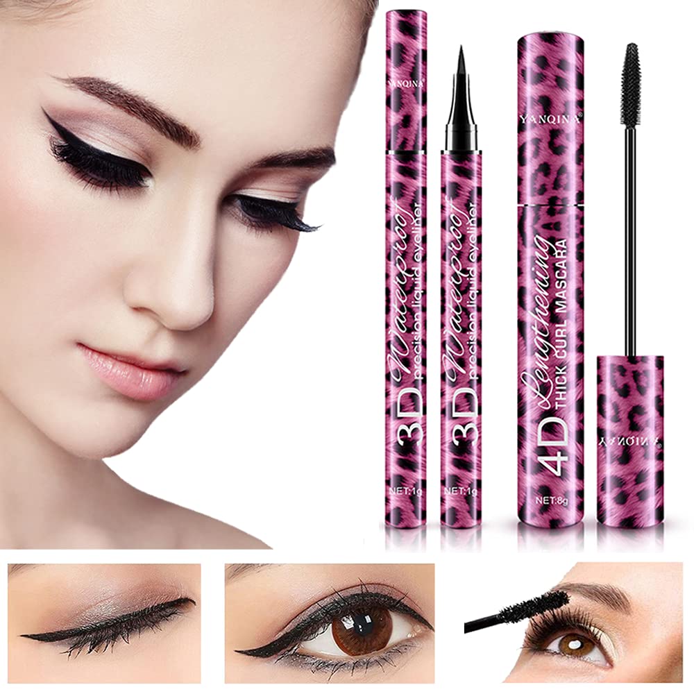 Máscara de pestañas de fibra de seda 4D con delineador de ojos de 3 colores. Serie leopardo 4 en 1. Natural impermeable y a prueba de sudor.