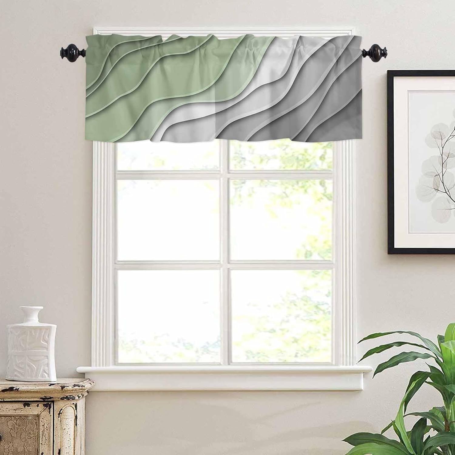 Cenefas de color verde salvia degradado para ventanas, cortinas geométricas modernas de cocina, decoración de tratamiento de ventanas, arte