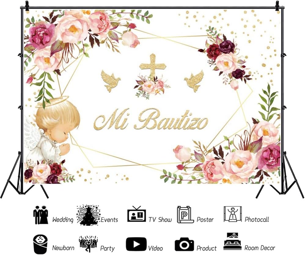 Mi Bautizo – Telón de fondo de bautismo para fotografía de vinilo de 10 x 8 pies, decoración de fiesta de la primera comunión, telón de fondo de