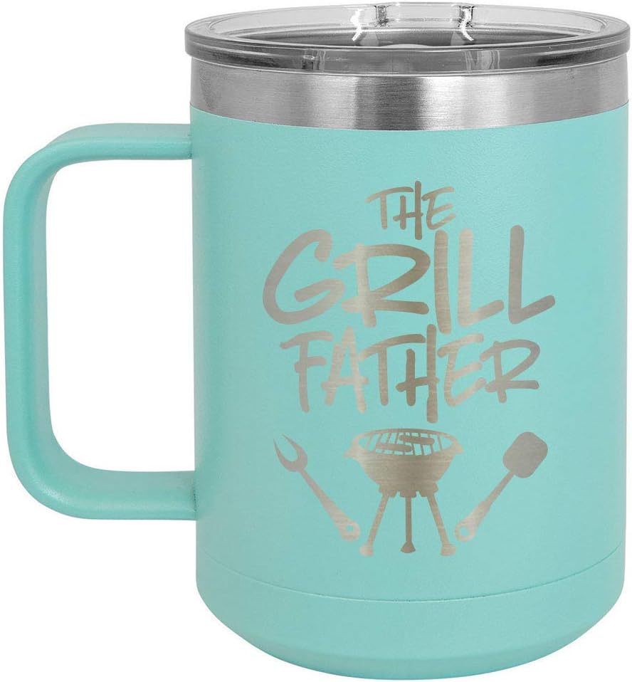 The Grillfather B Taza de café de 15 onzas con tapa deslizante  Taza de café de viaje aislada  Idea de regalo para barbacoa y parrilla para hombres