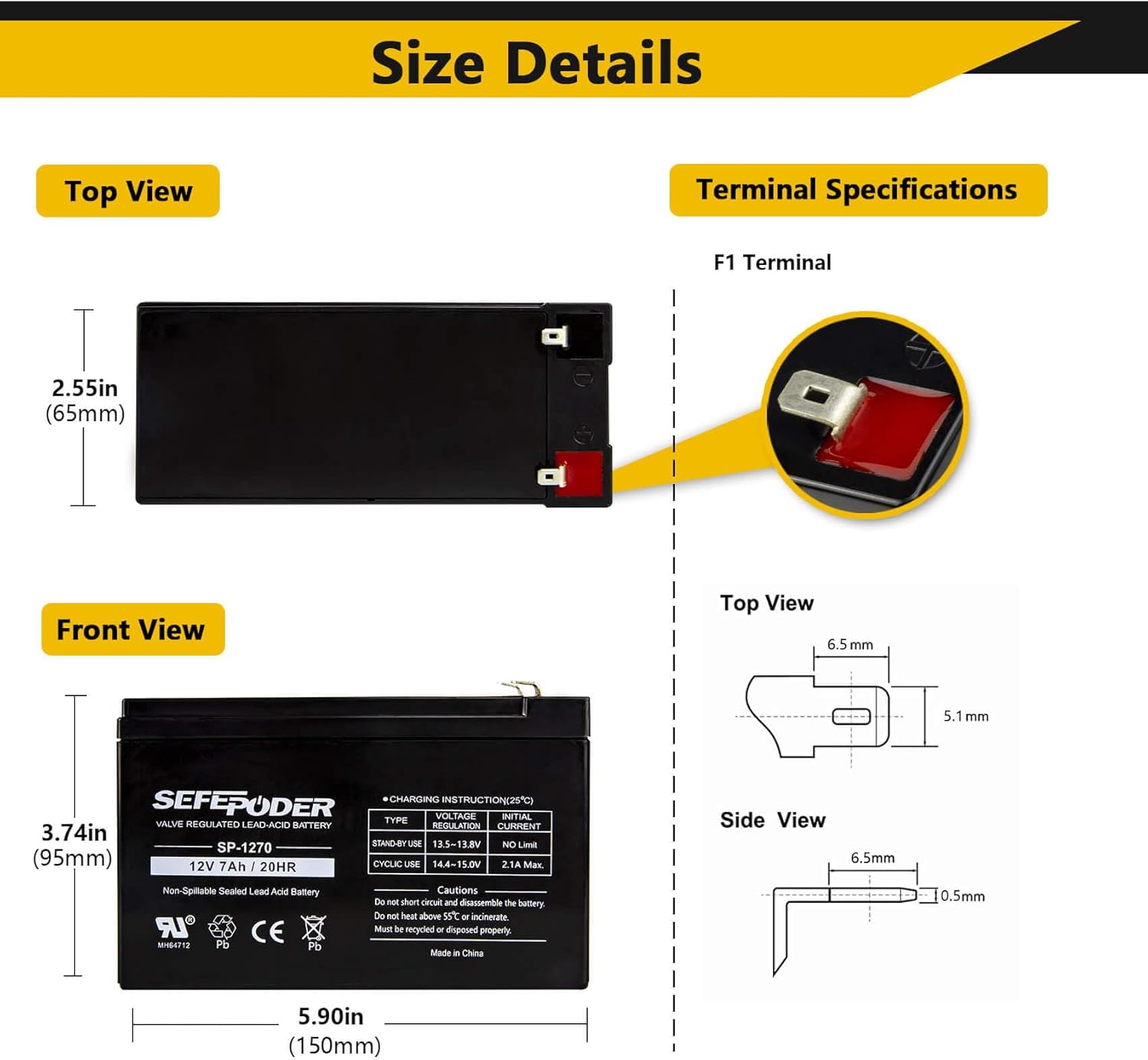 Batería de plomo ácido sellada recargable de 12V 7Ah (terminales F1)