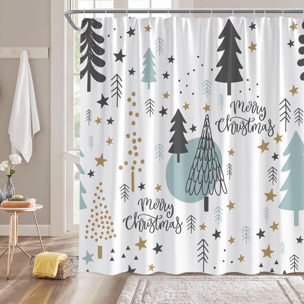 Cortina de ducha para árbol de Navidad, árbol de Navidad, bosque de pinos, copos de nieve, estrellas, invierno, vacaciones, festival, adolescentes,