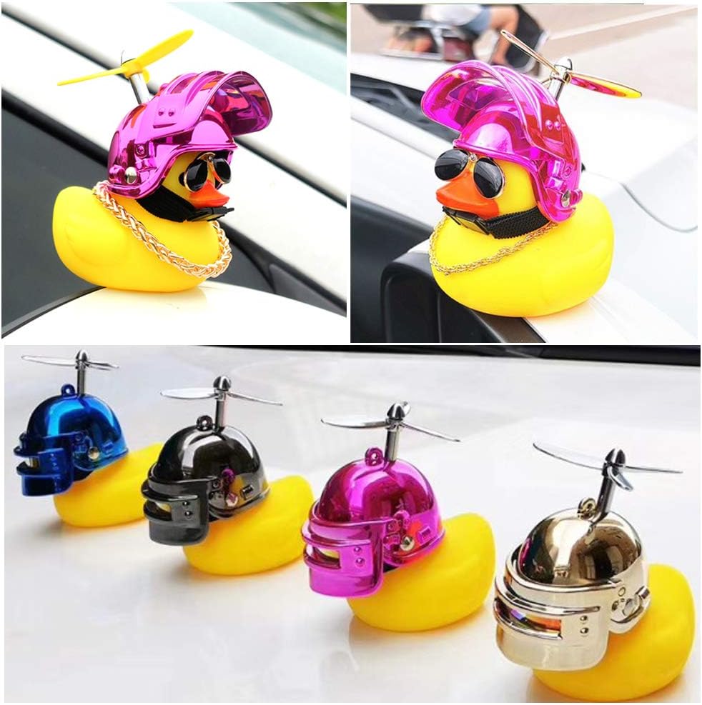 wonuu – Patito de goma amarillo de adorno, decoración para tablero de auto, el pato viene con divertidas lentes de sol y casco de hélice.