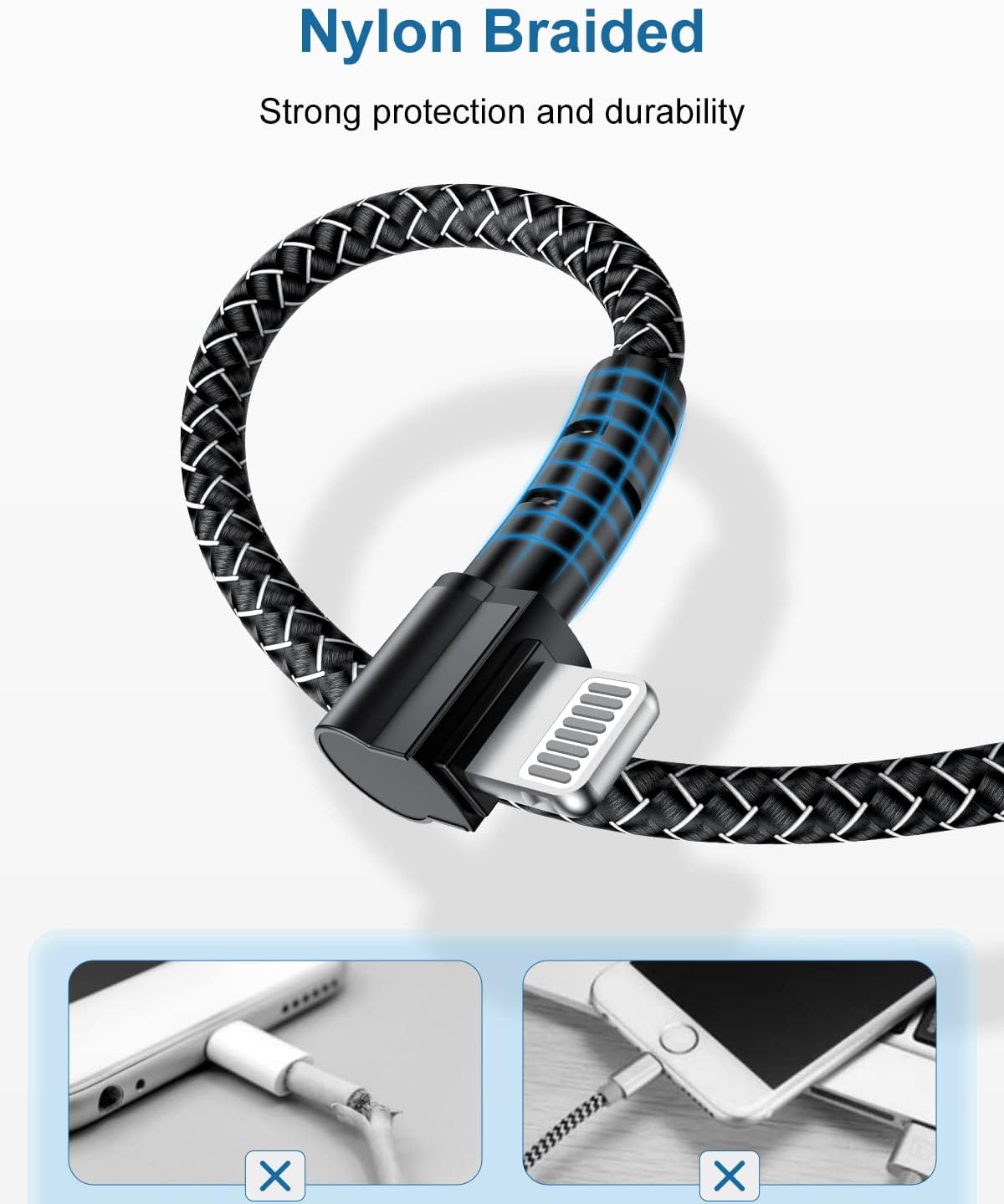 Paquete de 3 cargadores de iPhone de 90 grados de 6 pies, cable de carga Apple iPhone de nailon en ángulo recto de 6 pies, cable Lightning de 6 pies