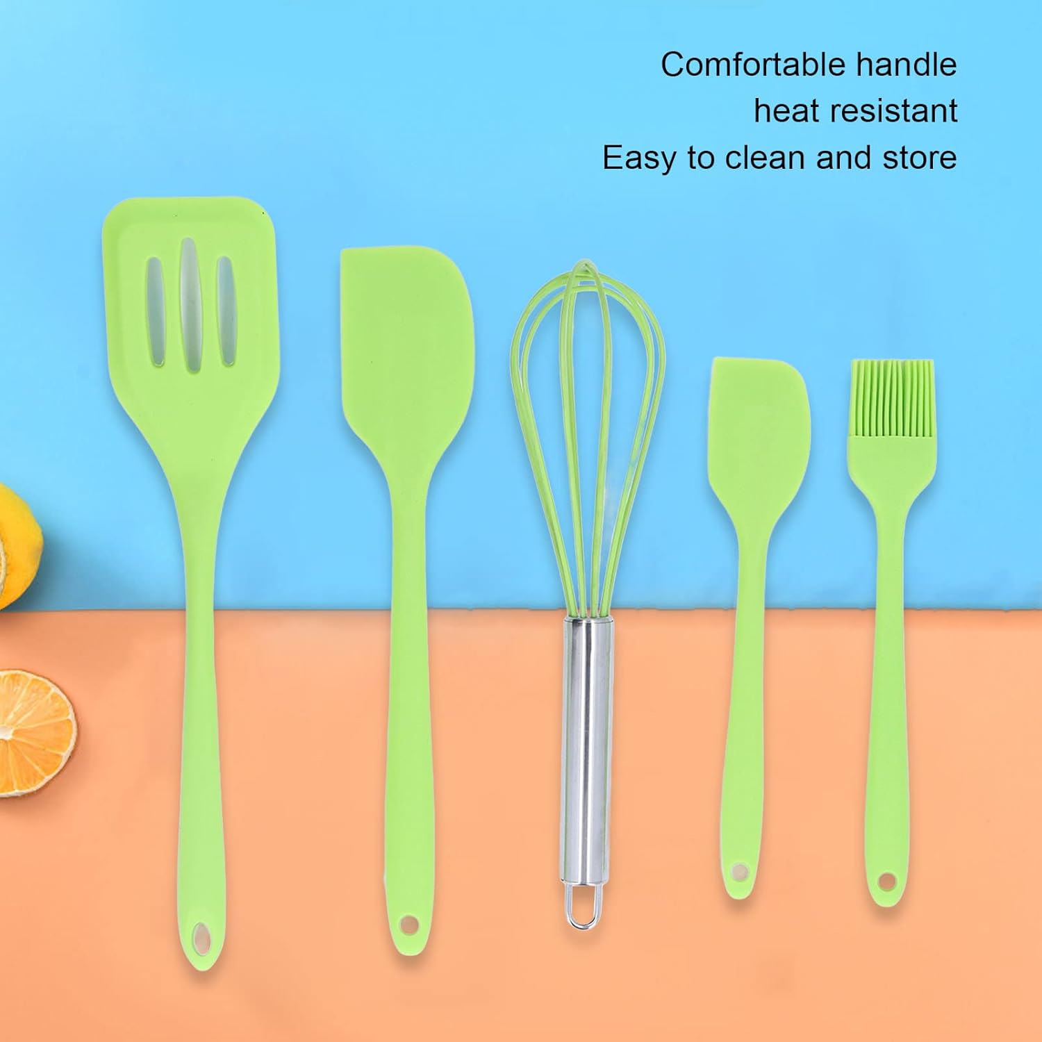 Juego de utensilios de cocina de silicona, 5 piezas, juego de utensilios de cocina de silicona, seguro y fácil de lavar, adecuado para cocina (verde)
