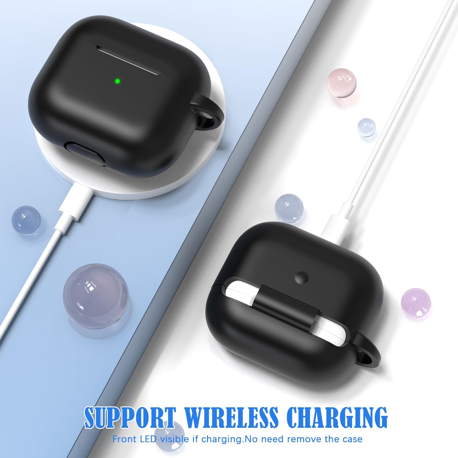 MHYALUDO Funda para AirPods de tercera generación 2021, silicona suave anticaídas de grado militar que absorbe los golpes, con llavero y kit de