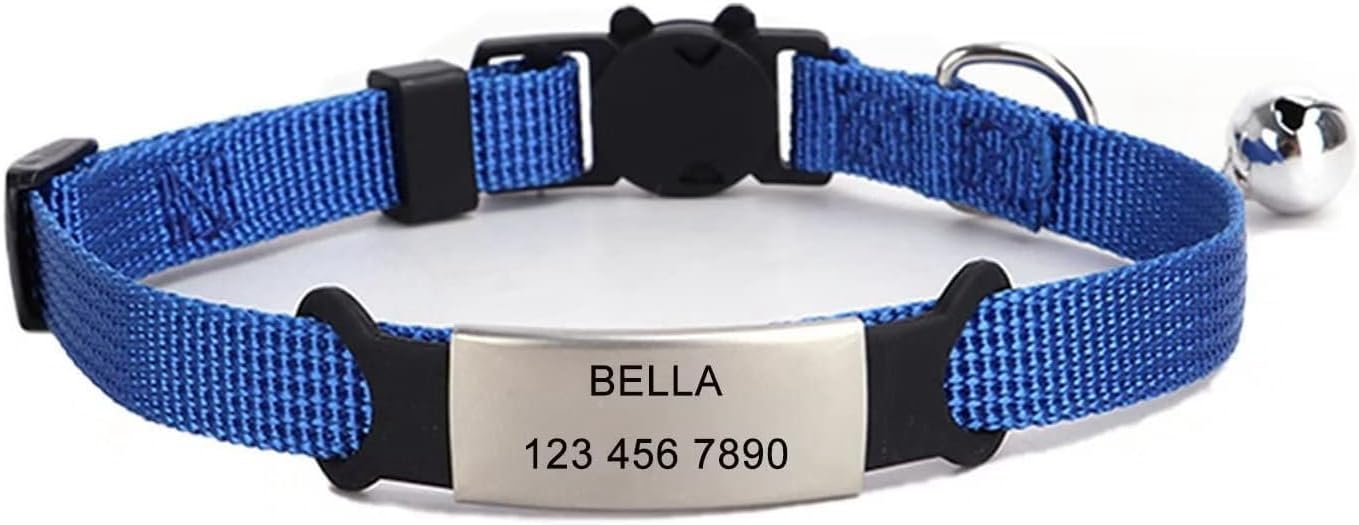 Pimaodog Collares de gato personalizados, nombre personalizado y número de teléfono, collares de seguridad para gatitos con campana para gatos niños