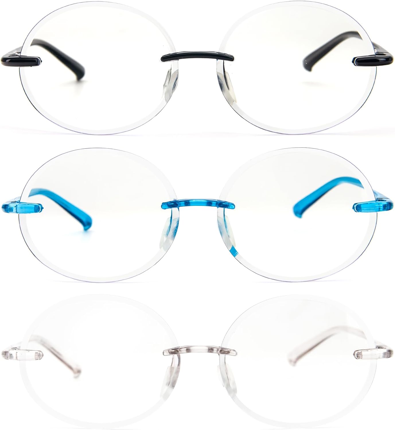 KoKoBin 3 Pack Rimless Round Reading Glasses,Blue Light Blocking for Men and Women