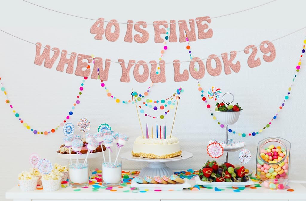 Cartel con texto en inglés 40 is Fine When You Look 29, decoraciones de feliz cumpleaños 40, Hello 40, divertida decoración de fiesta de aniversario