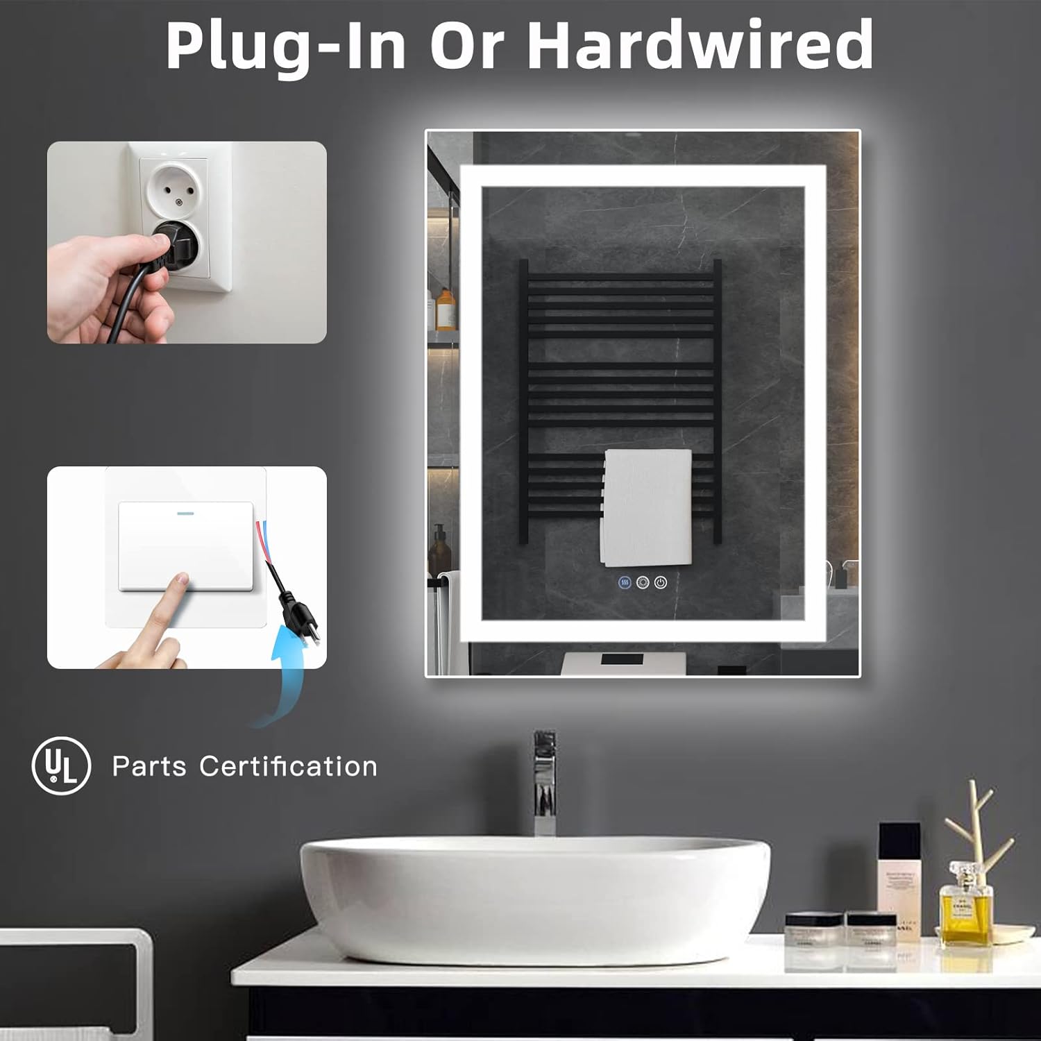 Espejo LED de baño con luces LED de 24 x 30 pulgadas con luz ajustable, antiniebla, a prueba de roturas, memoria, 3 colores, IP45 impermeable, con