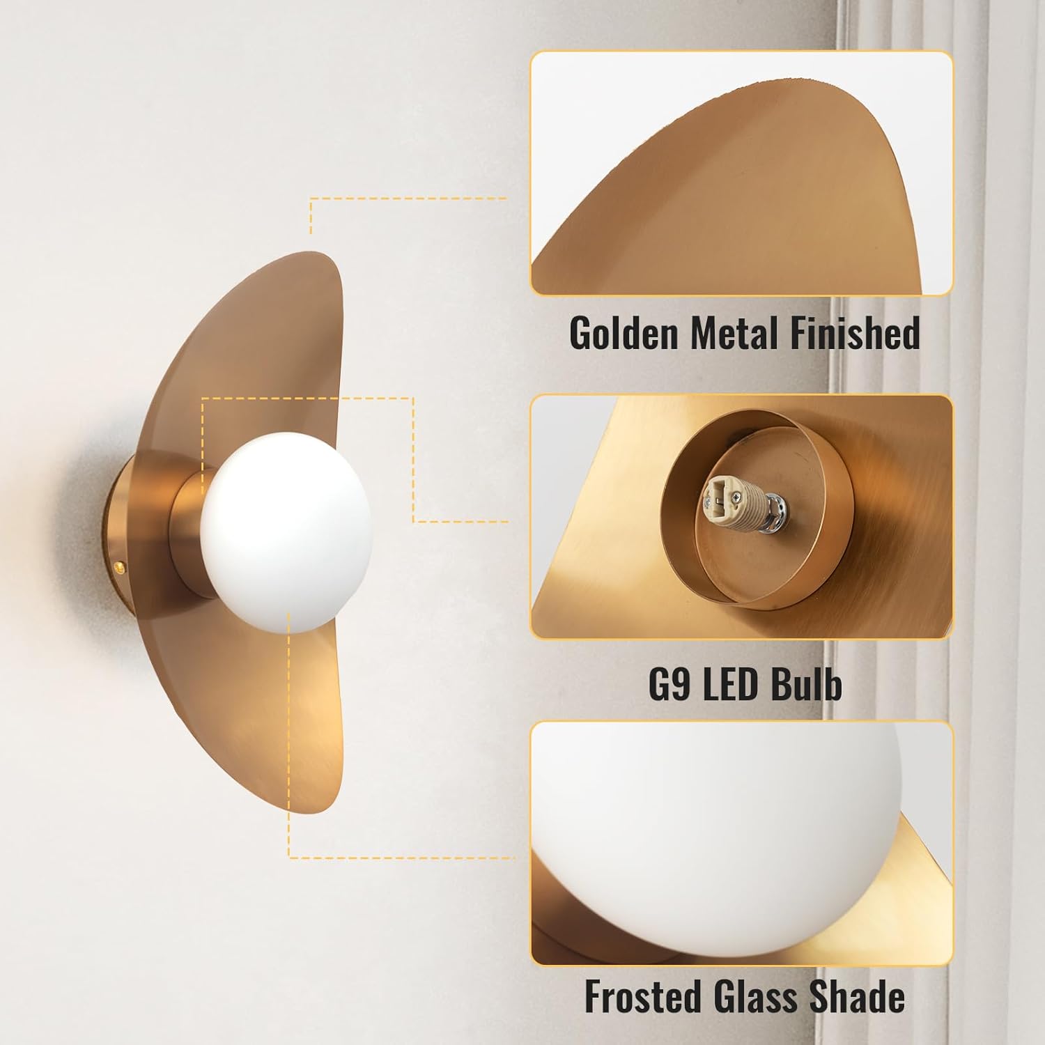 Aplique de pared moderno de mediados de siglo, lámpara de pared de cristal, forma clásica de media luna, luz dorada de montaje en pared para sala de