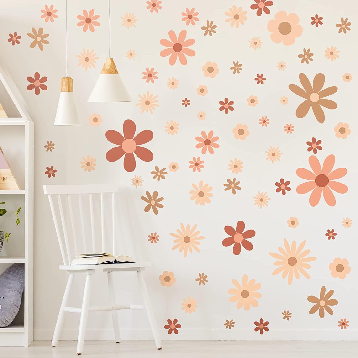 Calcomanía de pared de margaritas, calcomanías de pared de flores bohemias para dormitorio de niñas, calcomanías de decoración de pared para