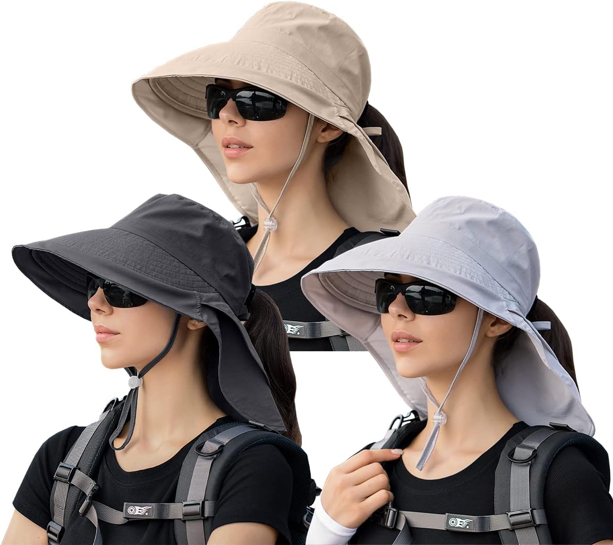 Paquete de 3 sombreros para mujer con solapa para el cuello, ala ancha, protección UV, sombrero de pescador, verano, playa, pesca, senderismo,