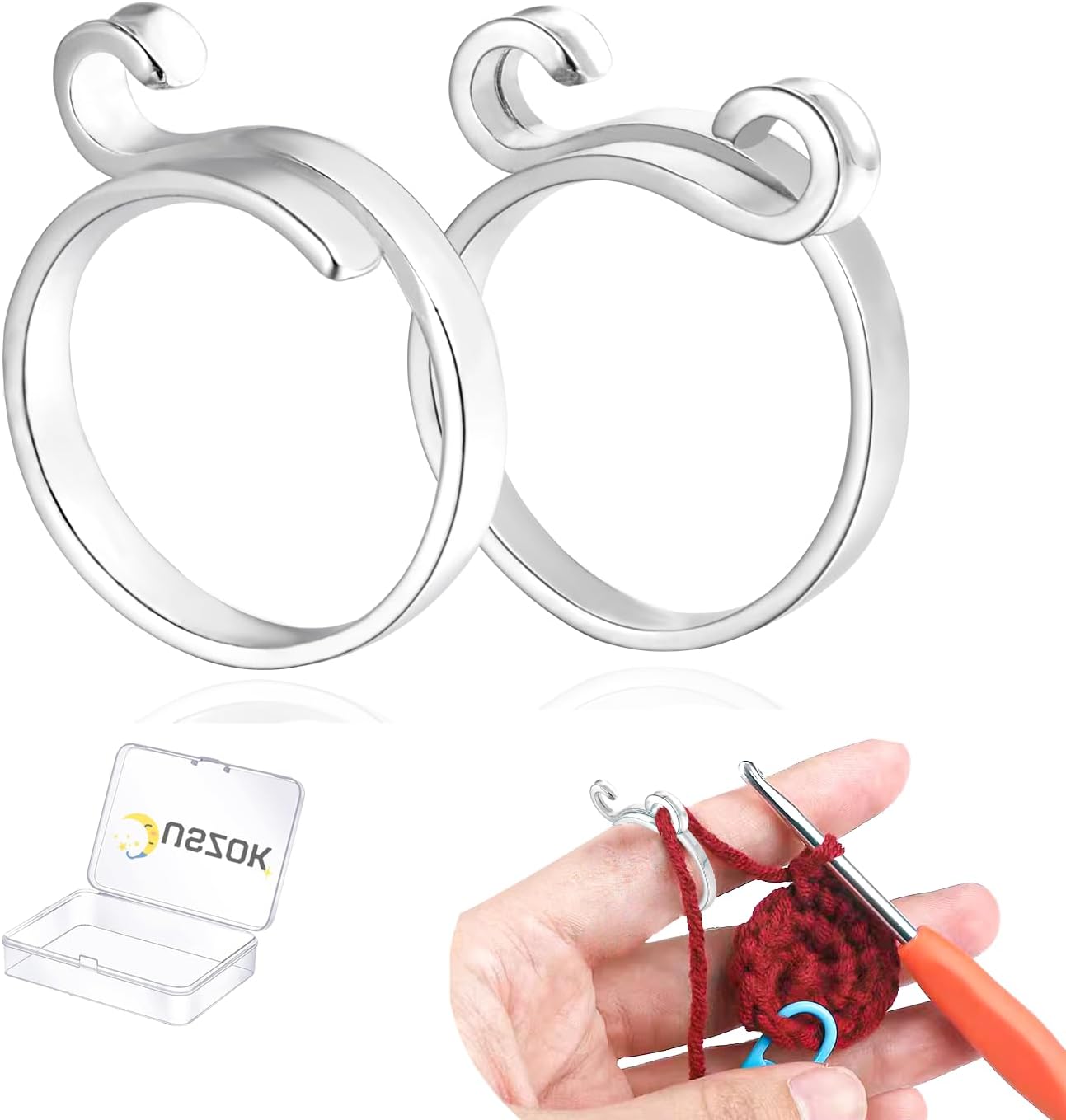 Juszok Anillo de ganchillo ajustable para dedo, anillo de tejer trenzado con caja de plástico, anillos de tensión para tejer, accesorios de tejer, 2