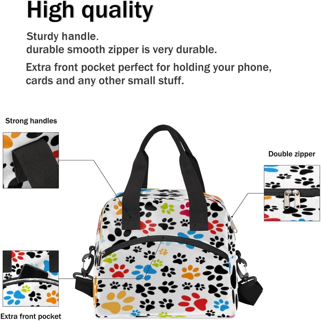 Bolsa de almuerzo aislada con diseño de patas de gato y perro, a prueba de fugas, colorida bolsa térmica con correa ajustable para el hombro,