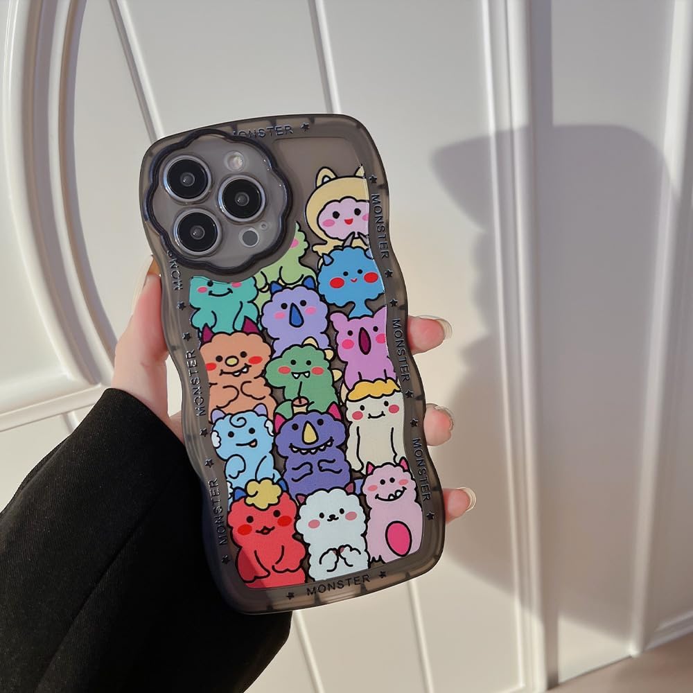 LOLAGIGI Funda negra para iPhone 13 Pro Max con forma de marco de onda rizada de monstruos de dibujos animados Kawaii, diseño femenino de dibujos
