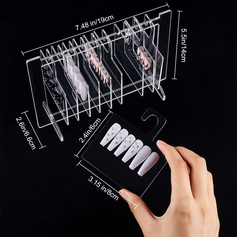 DELORIGIN Tableros de exhibición de arte de uñas acrílicas, soporte de exhibición de muestras de uñas transparente con 10 ganchos para decoración de
