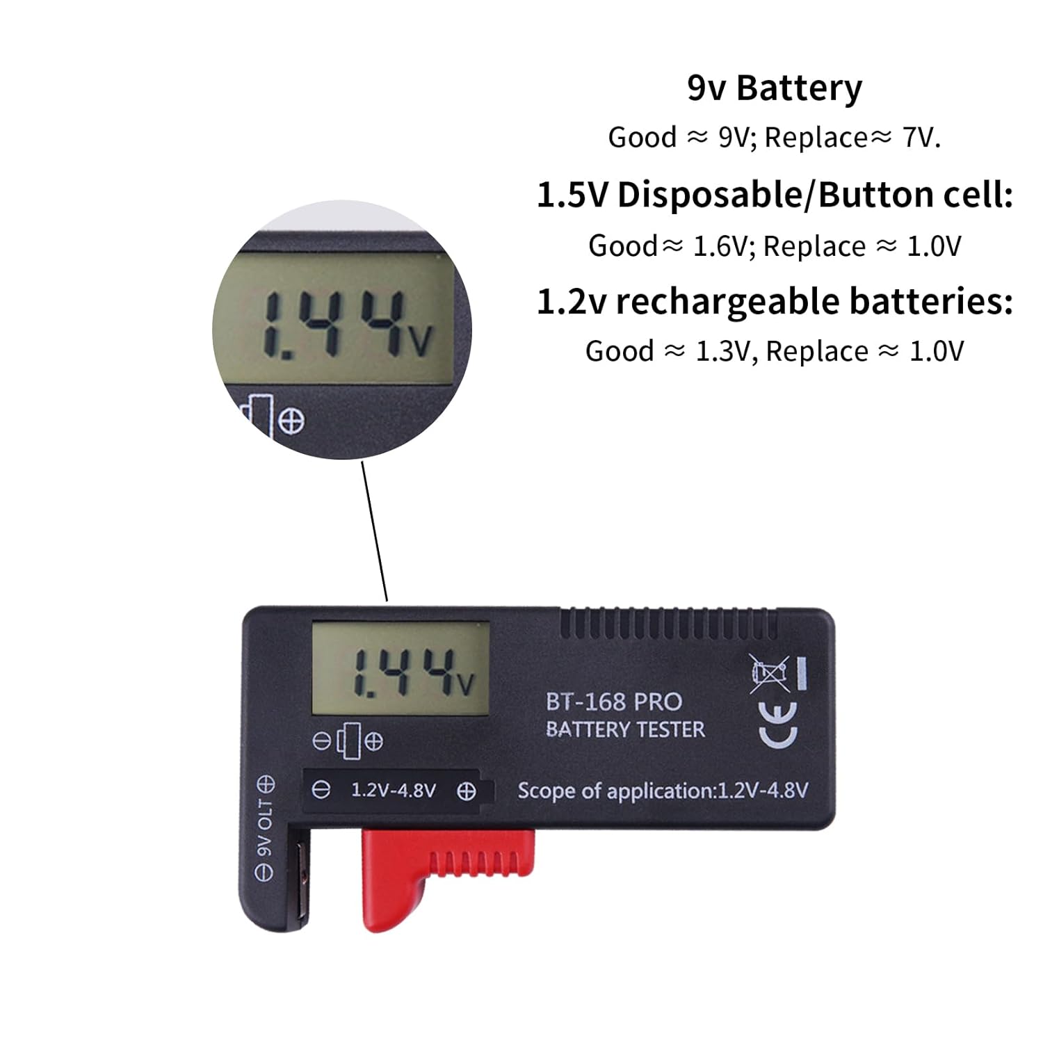 Comprobador de batería, comprobador de batería con pantalla digital para AA AAA, C, D, 9 V, 1.5 V, comprobador de pilas de botón, verificador de