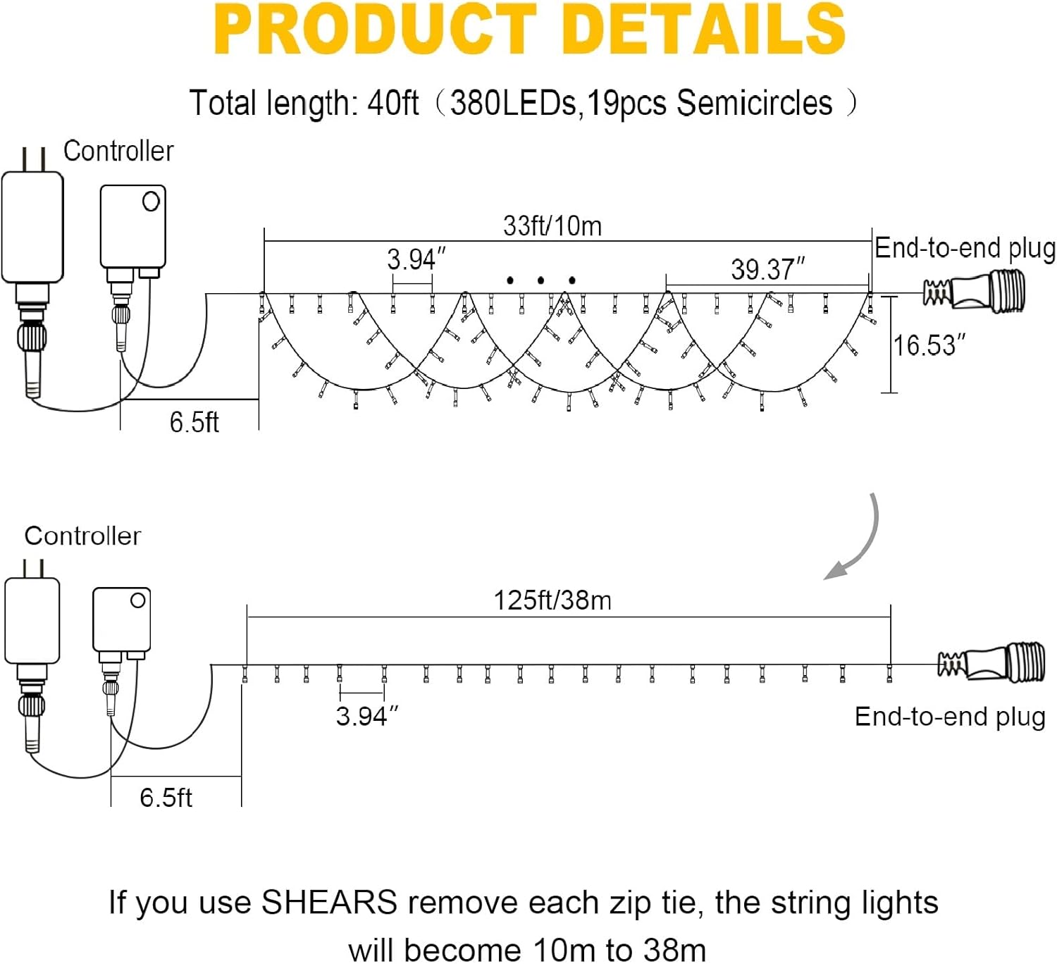 KAZOKU Luces de Navidad para interiores y exteriores, 40 pies, 380 LED, impermeables, 8 modos, extensibles, semicírculo, luces para Navidad, hogar,