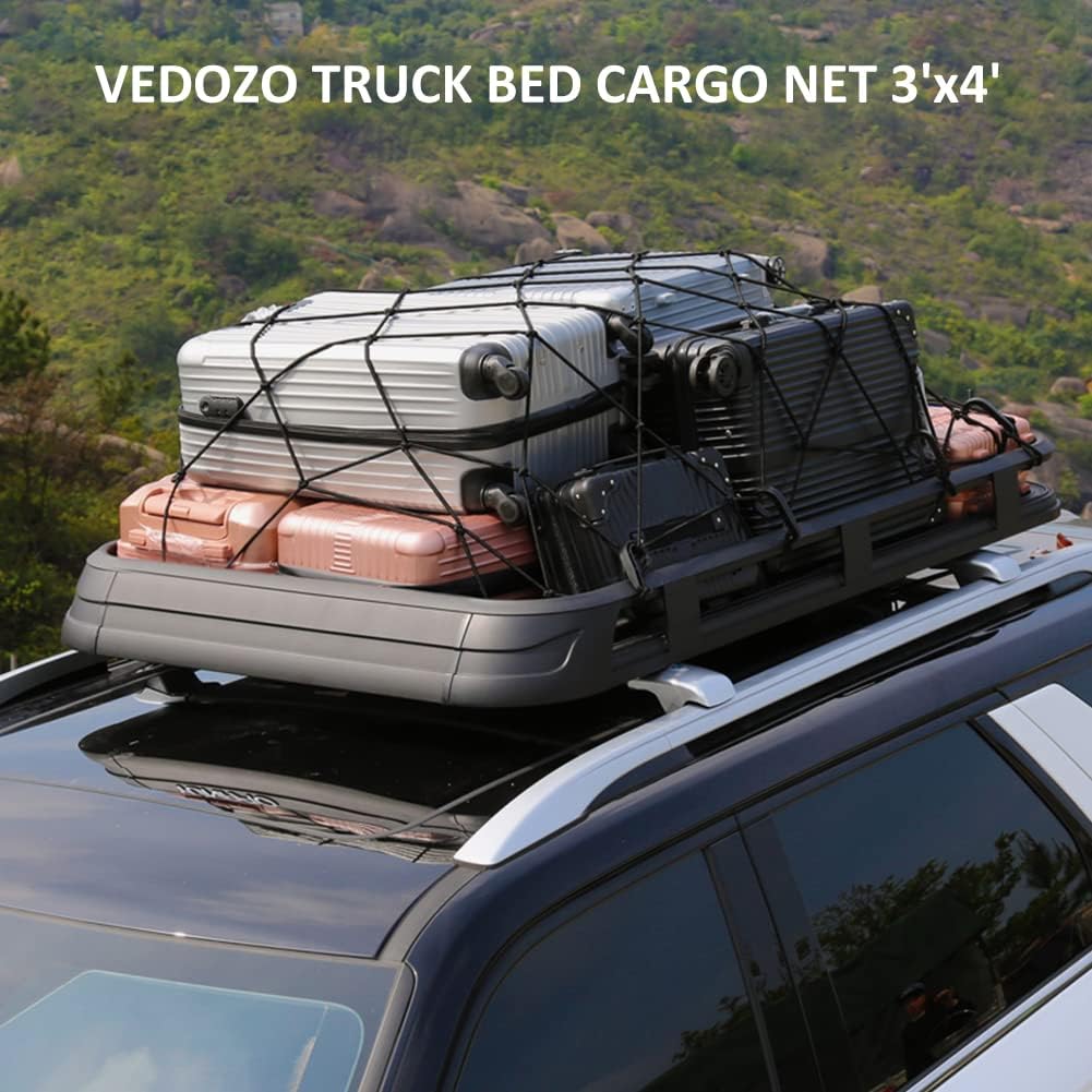 Vedozo Red de carga para caja de camión, 3 x 4 pies que se estira a 8 x 10 pies, red para cama de camioneta, malla elástica de 4 x 4 pulgadas con 24
