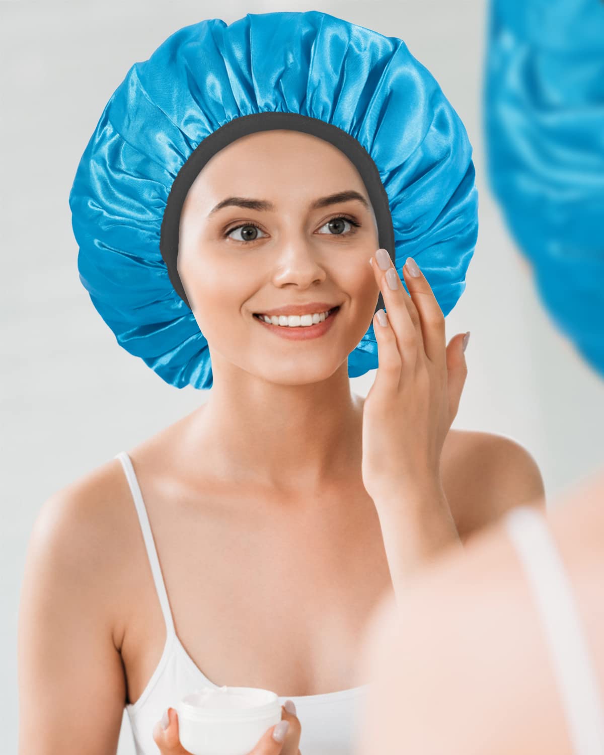 Keeygo Gorros de ducha con forro de rizo, gorro de ducha grande de triple capa para mujer, gorros de ducha reutilizables para cabello largo y grueso