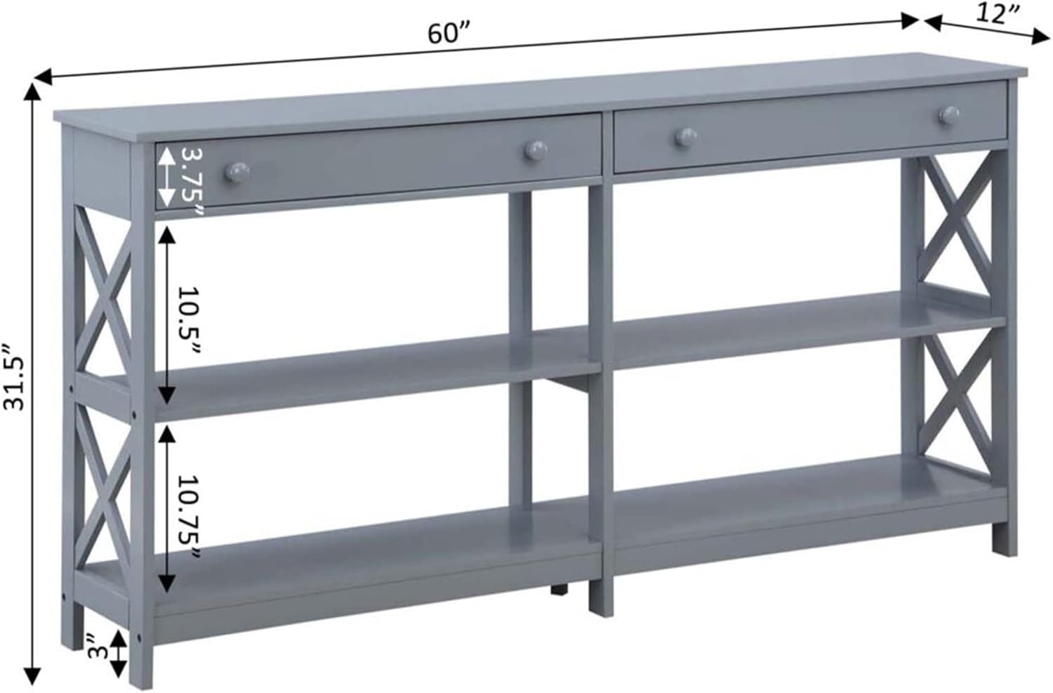 Convenience Concepts Oxford – Mesa consola con 2 cajones de 60 pulgadas con estantes, 60 pulgadas, color gris